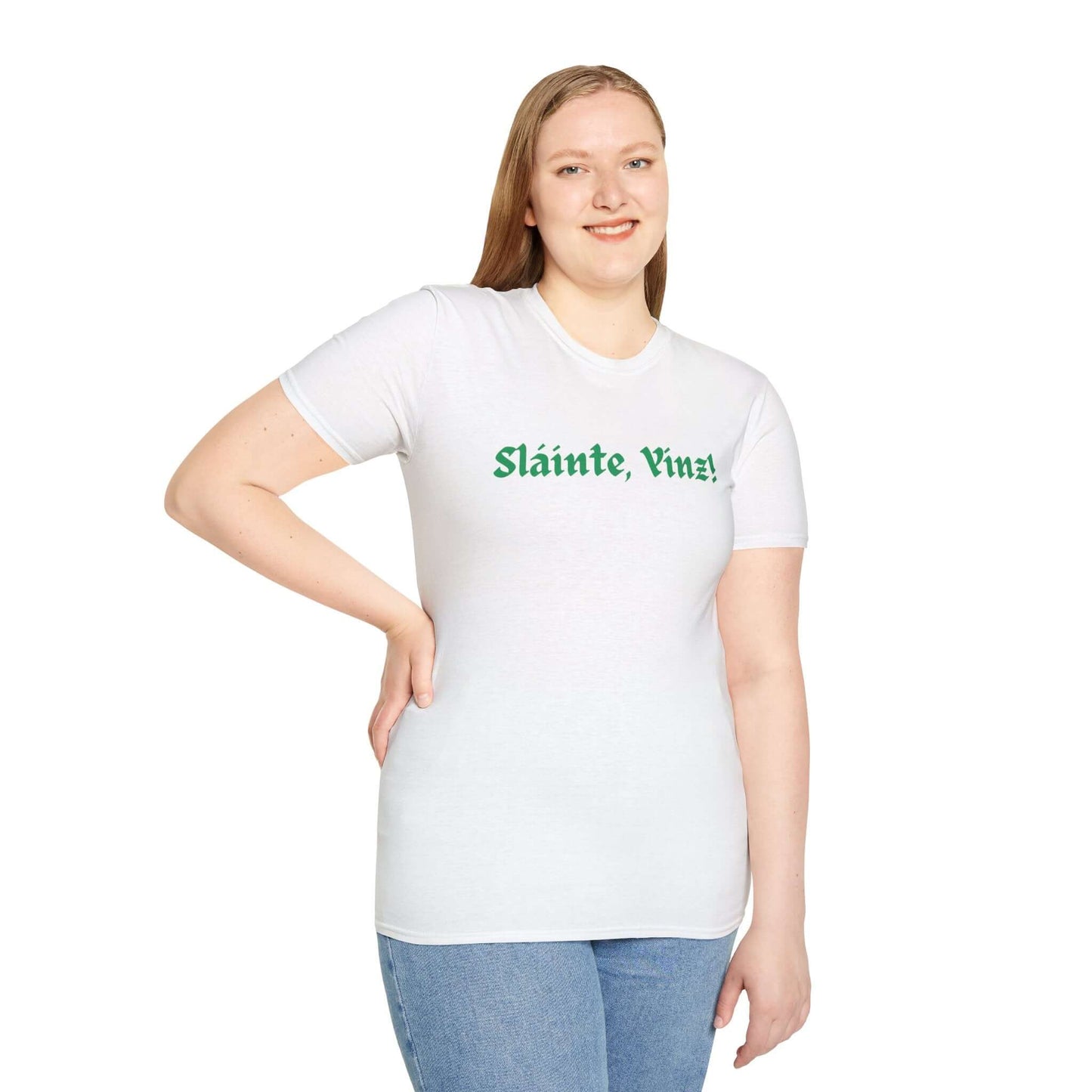 Woman wearing white St. Patrick's Day shirt that says Slainte Yinz