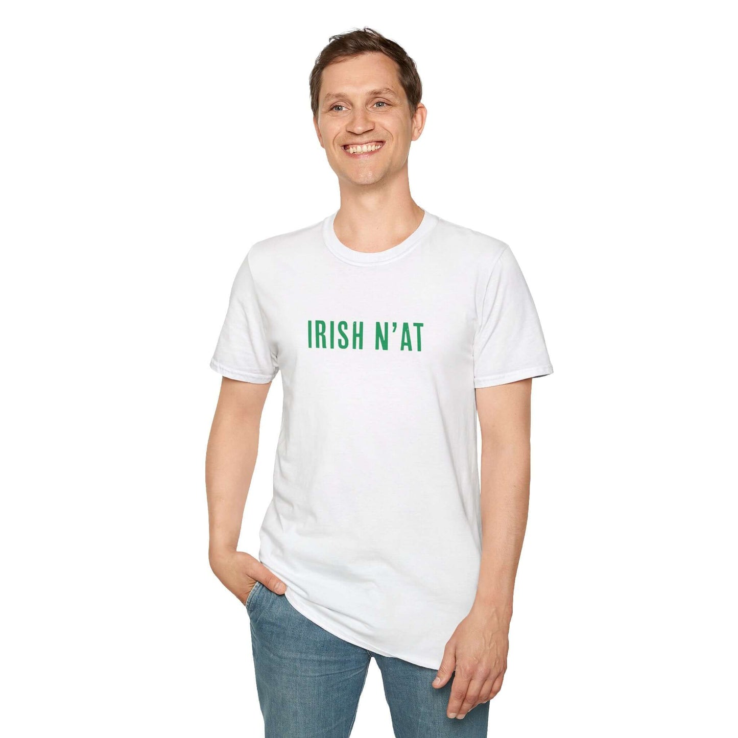 Man in a white tee shirt that says Irish N'at