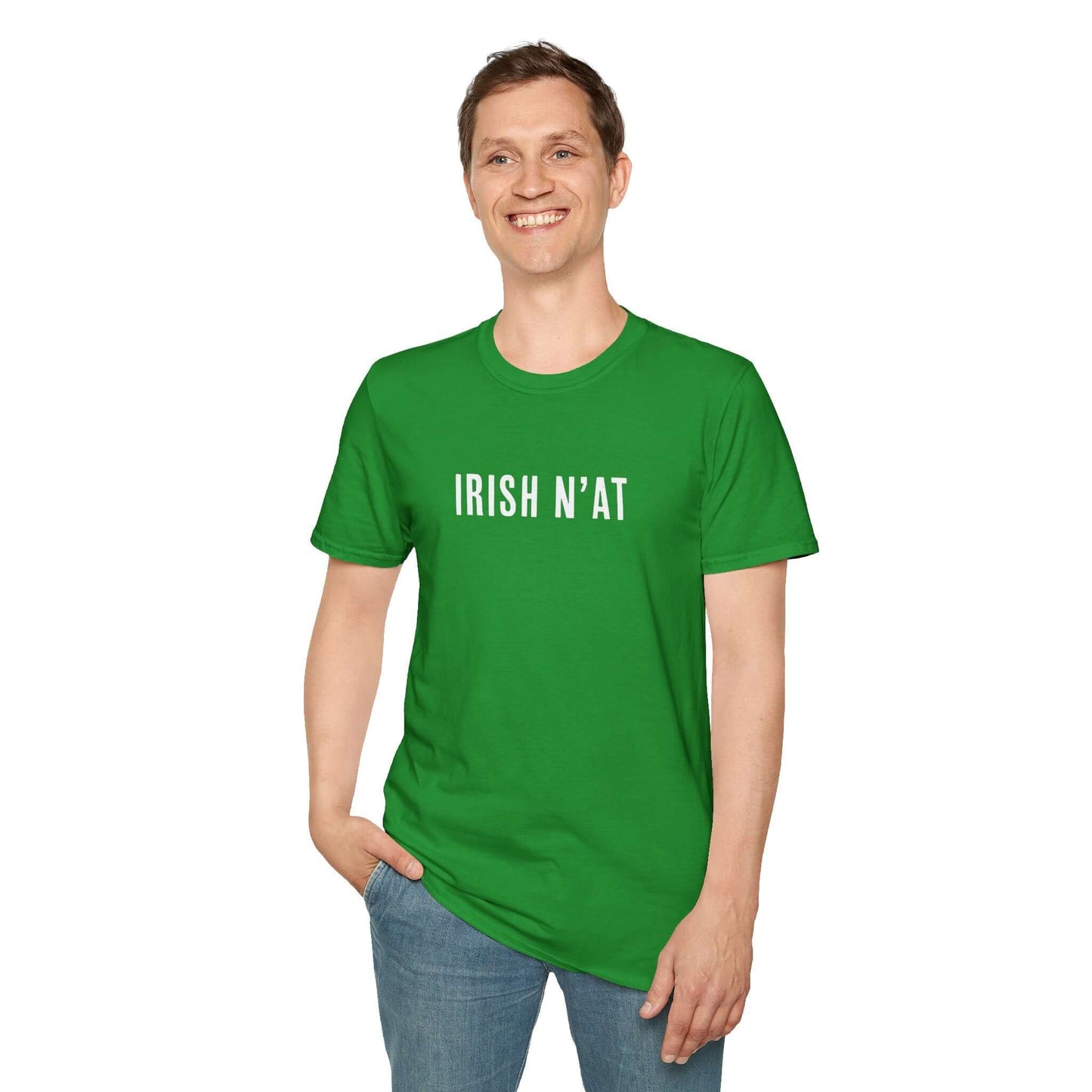 Man in a kelly green tee shirt that says Irish N'at