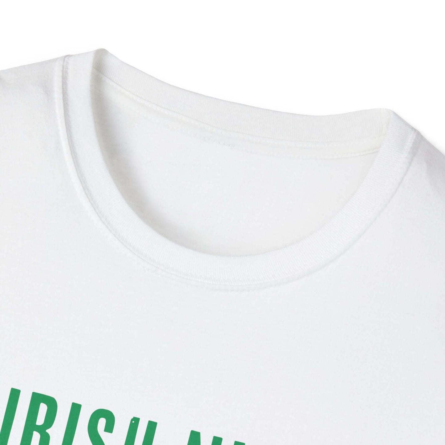Collar of white tee saying Irish N'at
