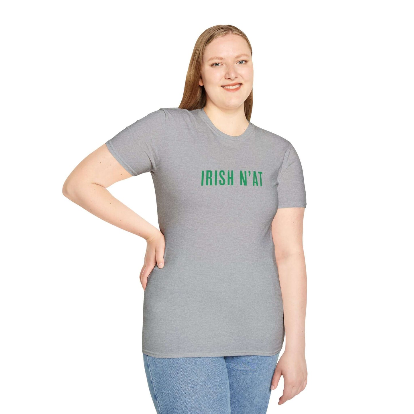 Woman in a gray tee shirt that says Irish N'at