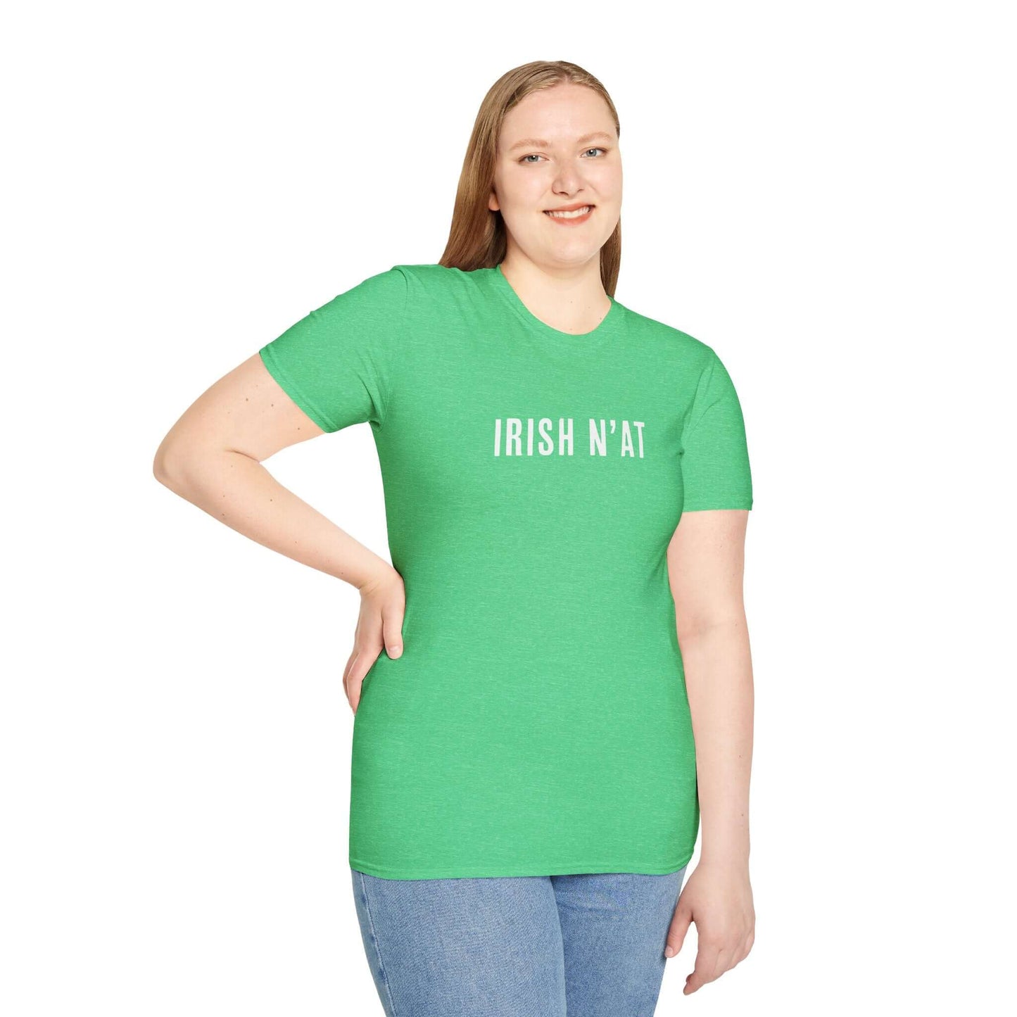 Woman in a heather green tee shirt that says Irish N'at