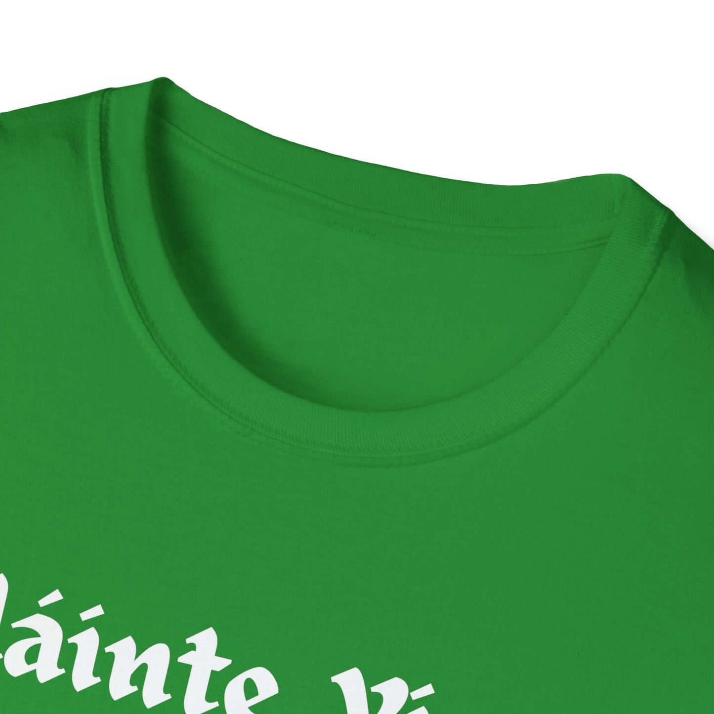 Collar of green St. Patirck's Day shirt saying Slainte Yinz