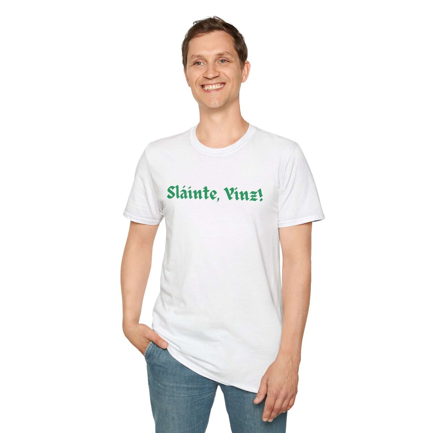 Man wearing white St. Patrick's Day shirt that says Slainte Yinz