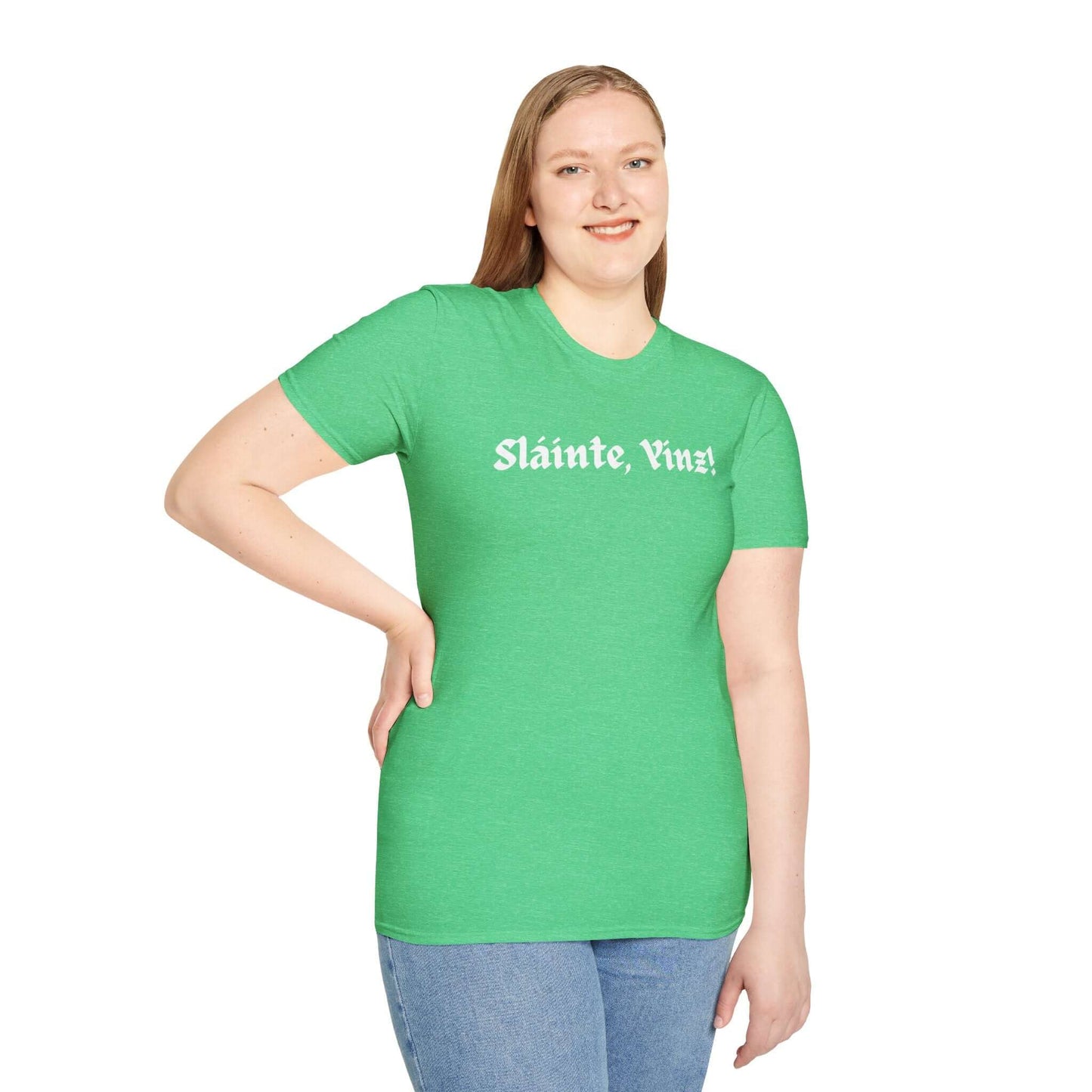 Woman wearing heather green St. Patrick's Day shirt that says Slainte Yinz