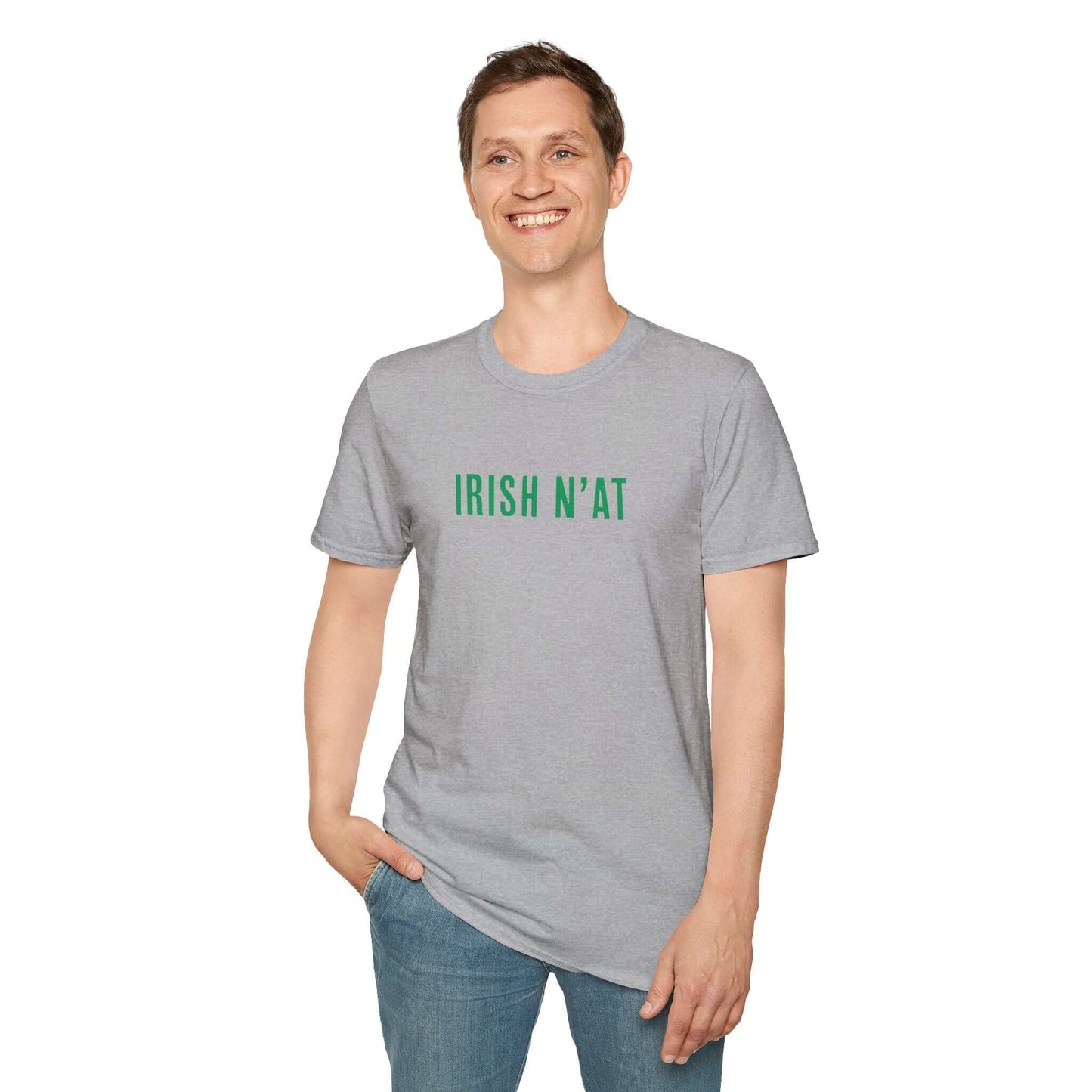 Man in a gray tee shirt that says Irish N'at
