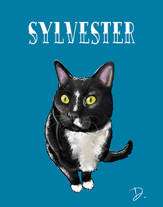 Tuxedo Domestic Shorthaired Sylvester Portrait REPRINT