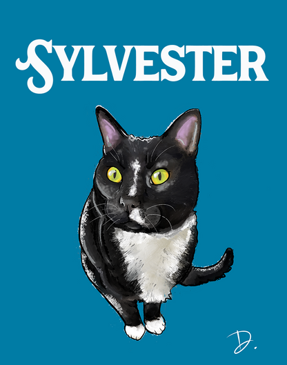 Tuxedo Domestic Shorthaired Sylvester Portrait REPRINT