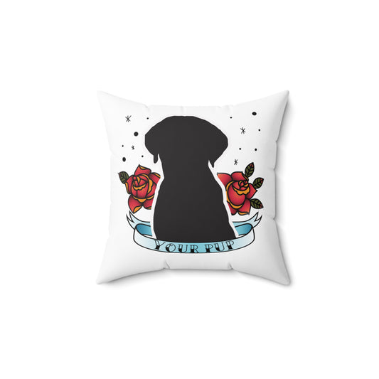 a pillow with a black silhouette of a dog and roses on it